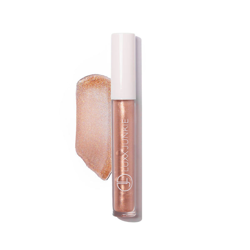 Champagne LUXX Lip Gloss: vegan golden shimmer coconut-scented lip gloss with packaging