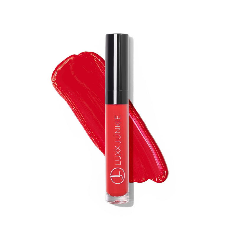 Crimson Velvet Liquid Lipstick: LUXX Junkie vegan matte red lipstick packaging and applicator