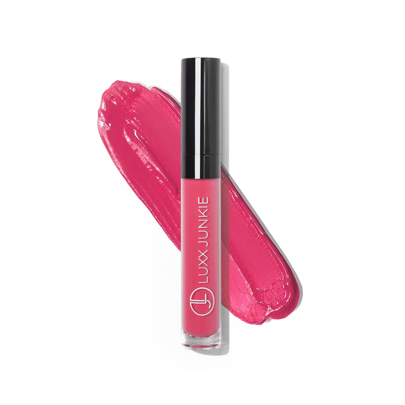 Primrose Velvet Liquid Lipstick: LUXX Junkie vegan rosy pink lipstick with packaging