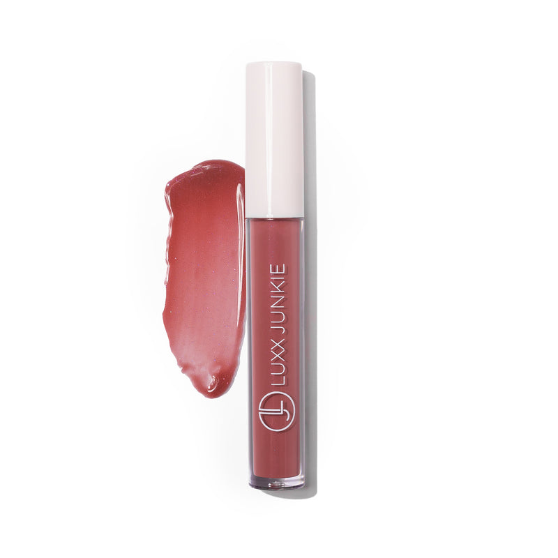 Hush LUXX Lip Gloss: vegan soft nude mauve coconut-scented lip gloss with packaging